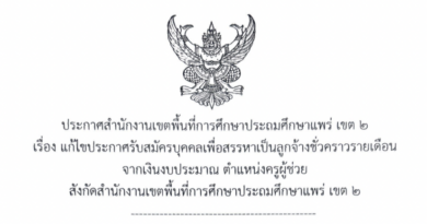 แก้ไขประกาศรับสมัครบุคคลเพื่อสรรหาเป็นลูกจ้างชั่วคราวรายเดือนจากเงินงบประมาณ ตำแหน่งครูผู้ช่วยสังกัดสำนักงานเขตพื้นที่การศึกษาประถมศึกษาแพร่ เขต 2