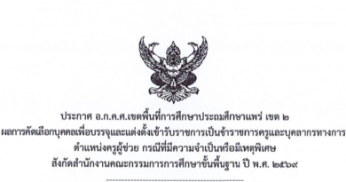 ประกาศ อ.ก.ค.ศ.เขตพื้นที่การศึกษาประถมศึกษาแพร่ เขต 2เรื่อง ผลการคัดเลือกบุคคลเพื่อบรรจุและแต่งตั้งเข้ารับราชการเป็นข้าราชการครูและบุคลากรทางการศึกษา ตำแหน่งครูผู้ช่วย กรณีที่มีความจำเป็นหรือมีเหตุพิเศษสังกัดสำนักงานคณะกรรมการการศึกษาขั้นพื้นฐาน ปี พ.ศ. 2569