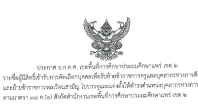 ประกาศรายชื่อผู้มีสิทธิ์เข้ารับการคัดเลือกบุคคลเพื่อรับย้ายข้าราชการครูและบุคลากรทางการศึกษาและย้ายข้าราชการพลเรือนสามัญ ไปบรรจุและแต่งตั้งให้ดำรงตำแหน่งบุคลากรทางการศึกษาอื่นตามมาตรา 38 ค.(2) สังกัดสำนักงานเขตพื้นที่การศึกษาประถมศึกษาแพร่ เขต 2