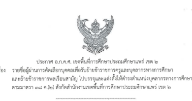 ประกาศรายชื่อผู้ผ่านการคัดเลือกบุคคลเพื่อรับย้ายข้าราชการครูและบุคลากรทางการศึกษาและย้ายข้าราชการพลเรือนสามัญ ไปบรรจุและแต่งตั้งให้ดำรงตำแหน่งบุคลากรทางการศึกษาอื่นตามมาตรา 38 ค.(2) สังกัดสำนักงานเขตพื้นที่การศึกษาประถมศึกษาแพร่ เขต 2